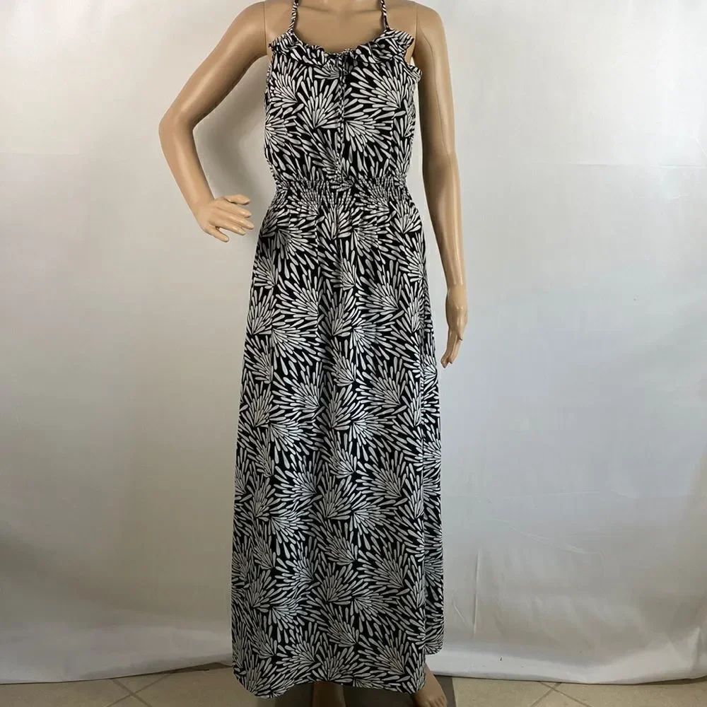 Banana Republic black & white printed elastic waist sleeveless maxi dress size 4